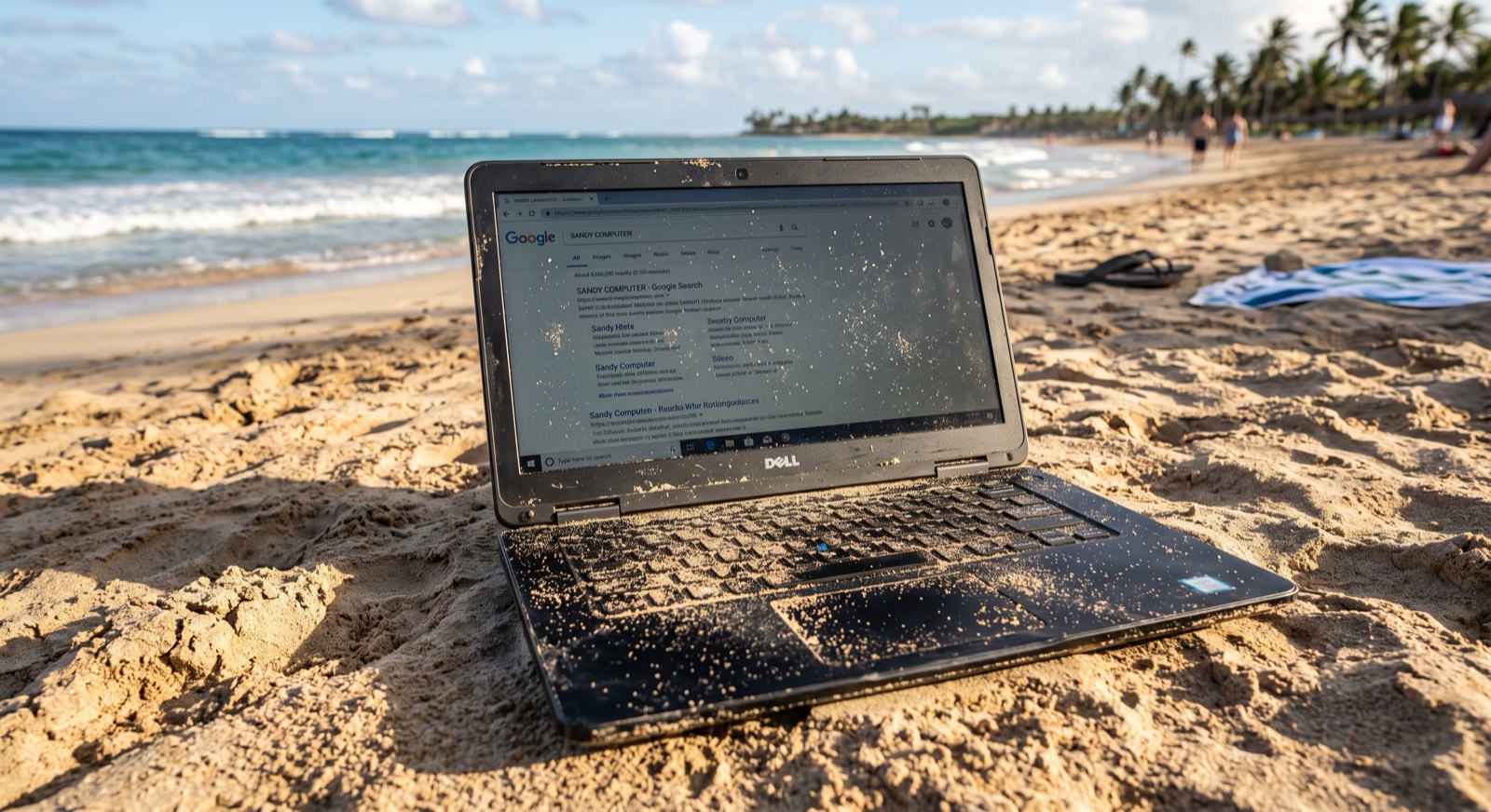 A sand-covered laptop open on a beach, with a search for “sandy computer” on screen.